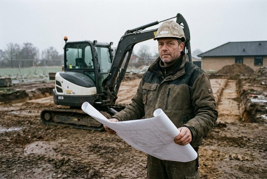 Entreprenør med hjelm læser en byggetegning foran en minigraver